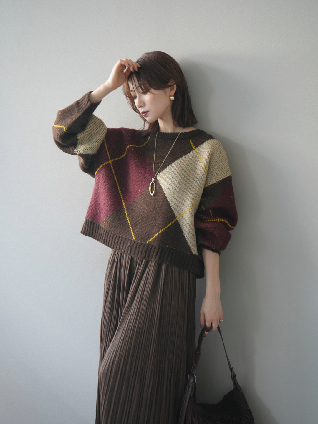 [予約]配色ステッチアーガイル柄ニットプルオーバー/brown