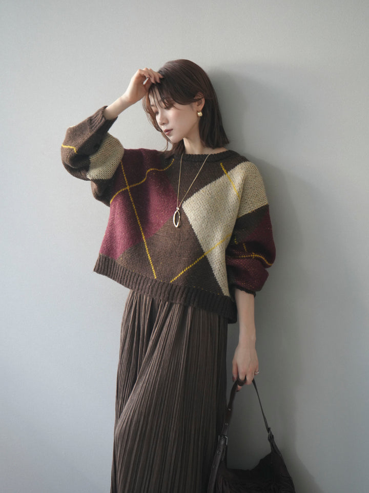[予約]配色ステッチアーガイル柄ニットプルオーバー/brown