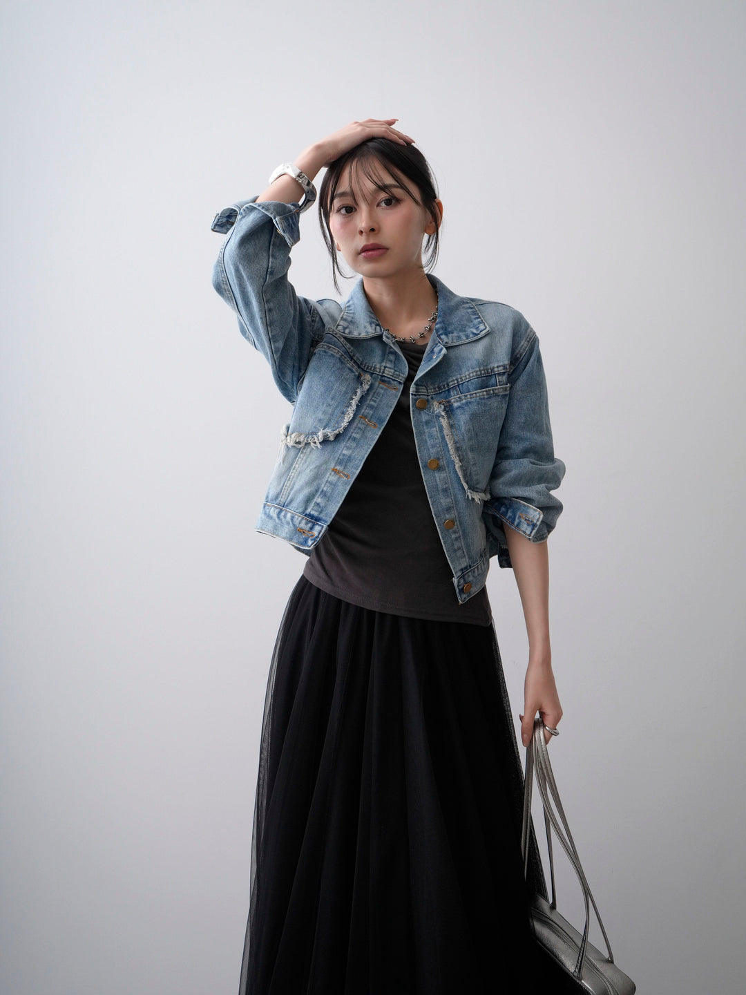 [SET]Wフリンジポケットデニムジャケット+チュールボリュームスカート(2set)