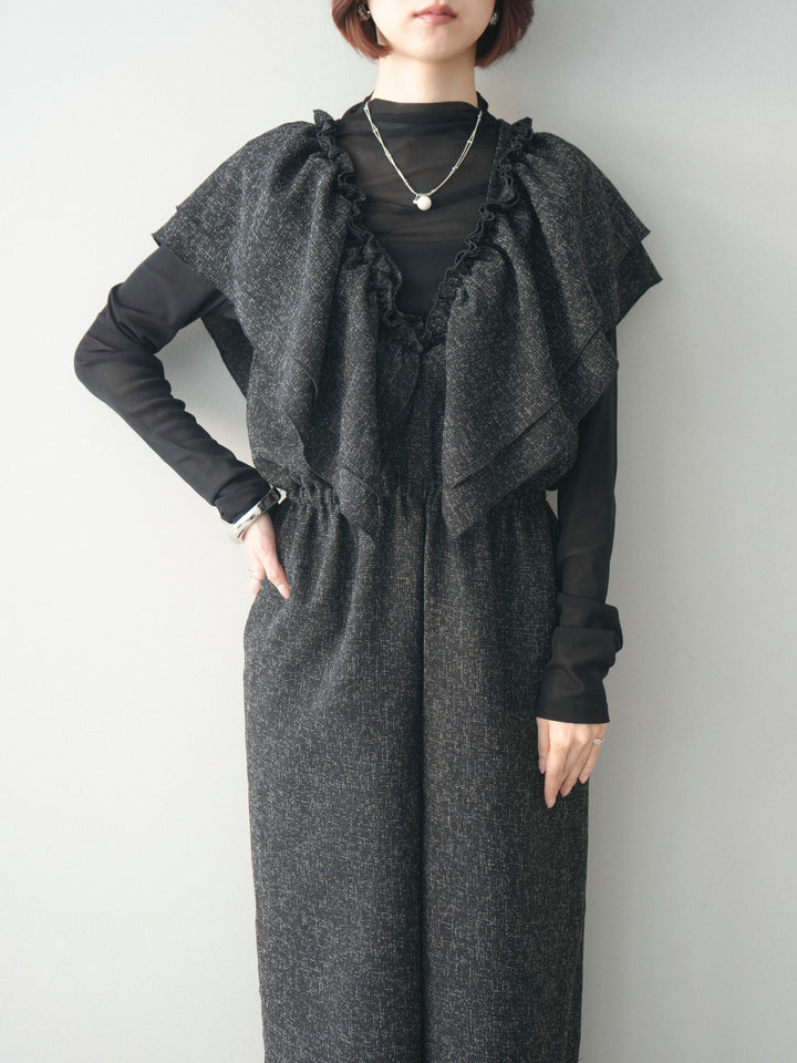 [SET]3WAYミックスツイードギャザーオールインワン+シアープチネックストレッチトップス(2set)