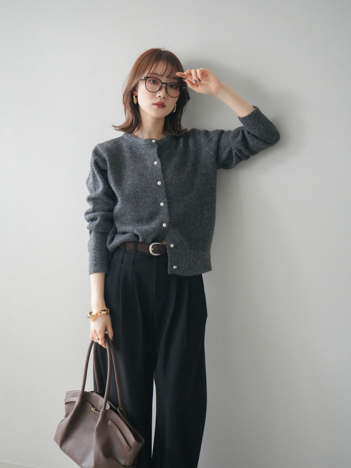 [SET]アンティークボタンニットカーディガン+アニマル柄ベルト付きウールタッチワイドパンツ(2set)