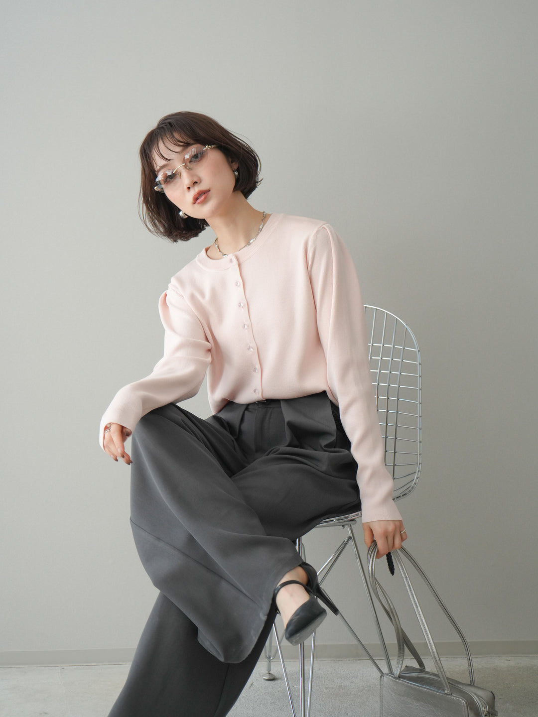 [予約]クリアボタンタックニットカーディガン/pink