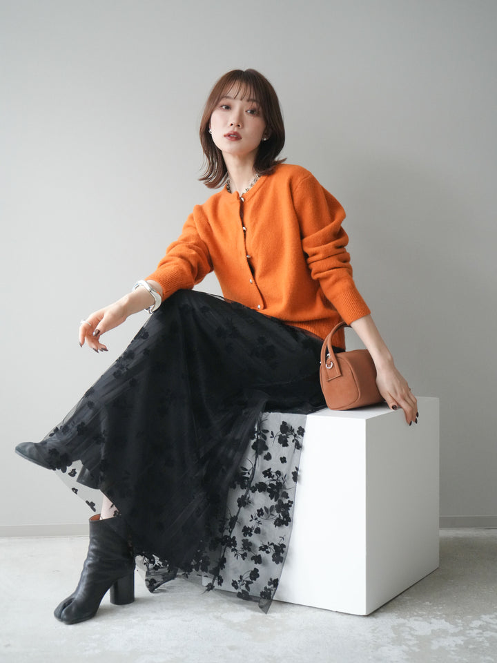 [SET]アンティークボタンニットカーディガン+フラワーフロッキーチュールプリーツスカート(2set)