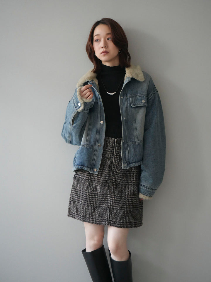 [予約]デニム×ファーステンカラーショートジャケット/lightblue