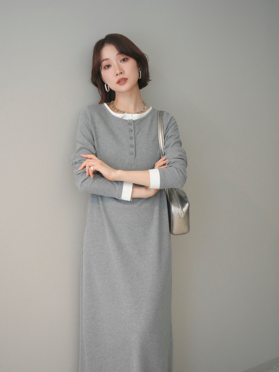 [SET]配色レイヤードヘンリーネックカットリブワンピース+配色レイヤードヘンリーネックカットリブワンピース(2set)