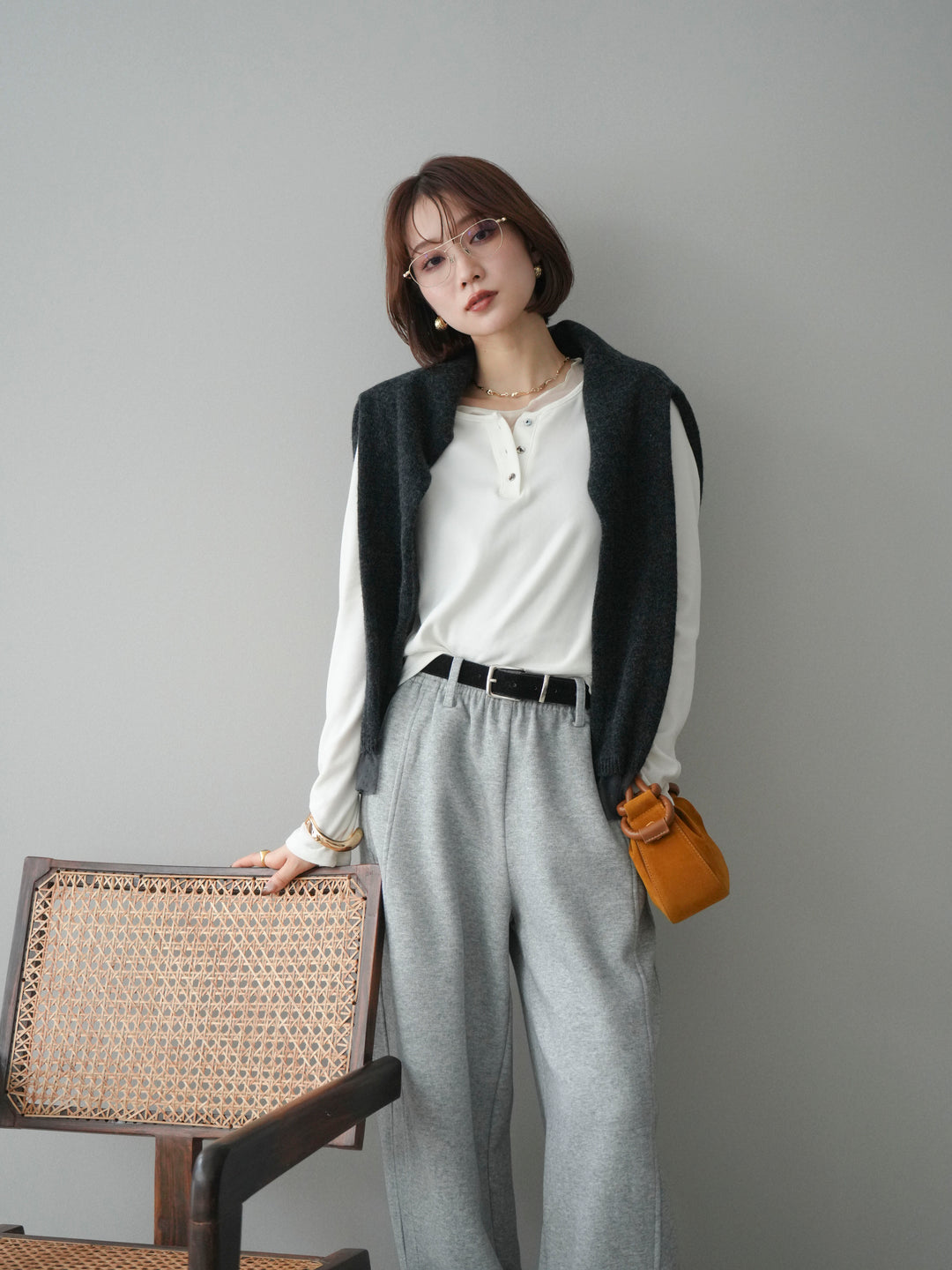 [予約]チュールレイヤードヘンリーネックカットソー/ivory