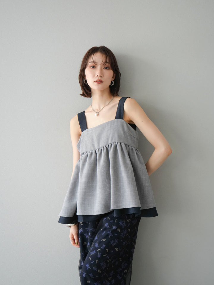[SET]リネンライク配色フレアタンクトップ+ブーケプリントタックパンツ(2set)