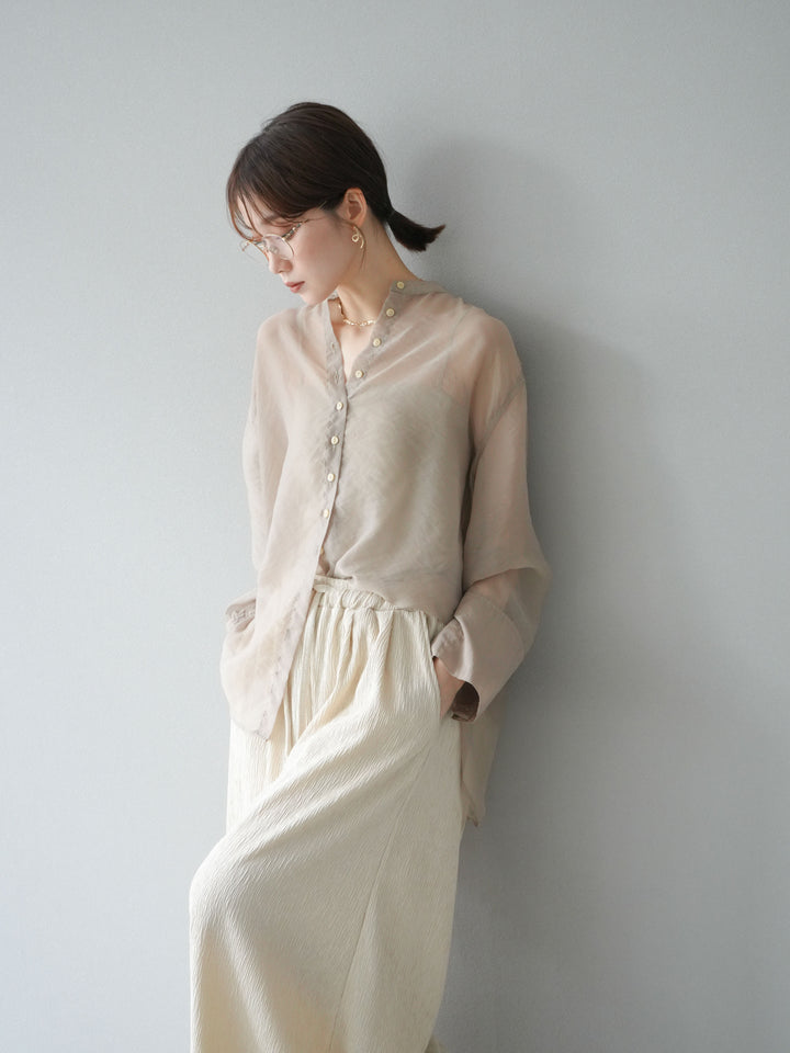 [SET] 亮面透視立領襯衫 + 柳葉寬褲 (2set)