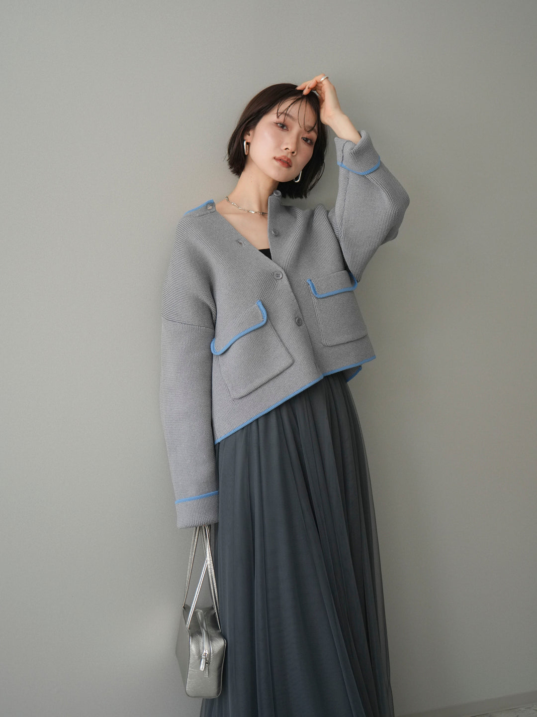 [SET]ポリエステル配色ニットカーディガン+選べるアクセセット(2set)