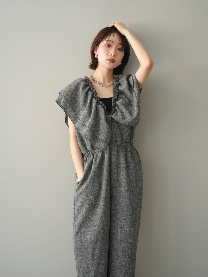 [SET]3WAYミックスツイードギャザーオールインワン+選べるアクセセット(2set)