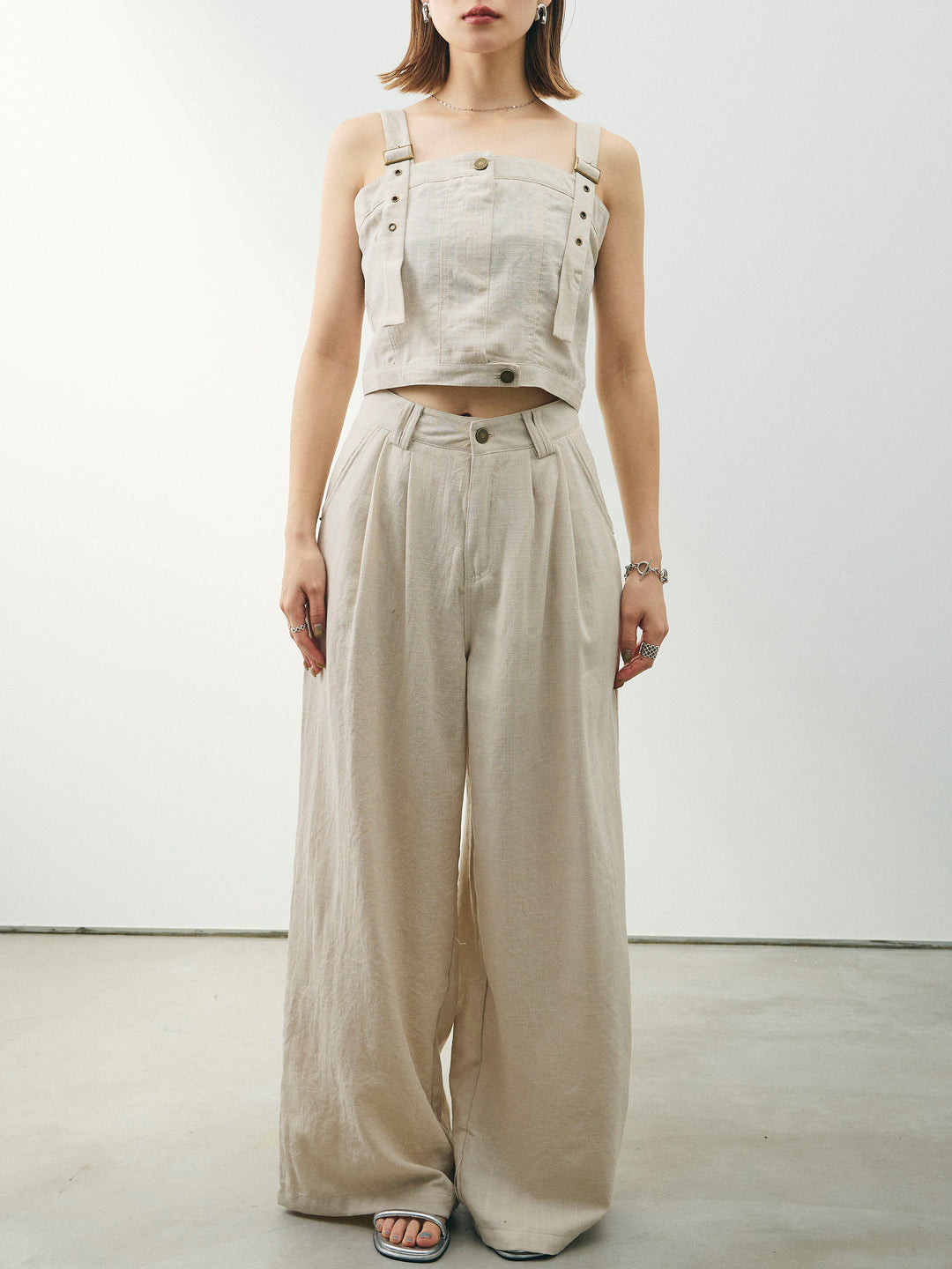 [SET] 亞麻感緊身胸衣＆寬褲套裝（2件套）