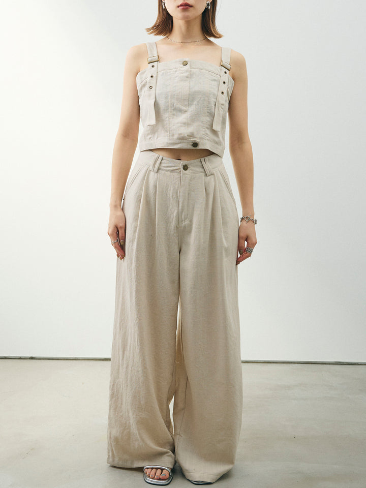 [SET] 亞麻感緊身胸衣＆寬褲套裝（2件套）