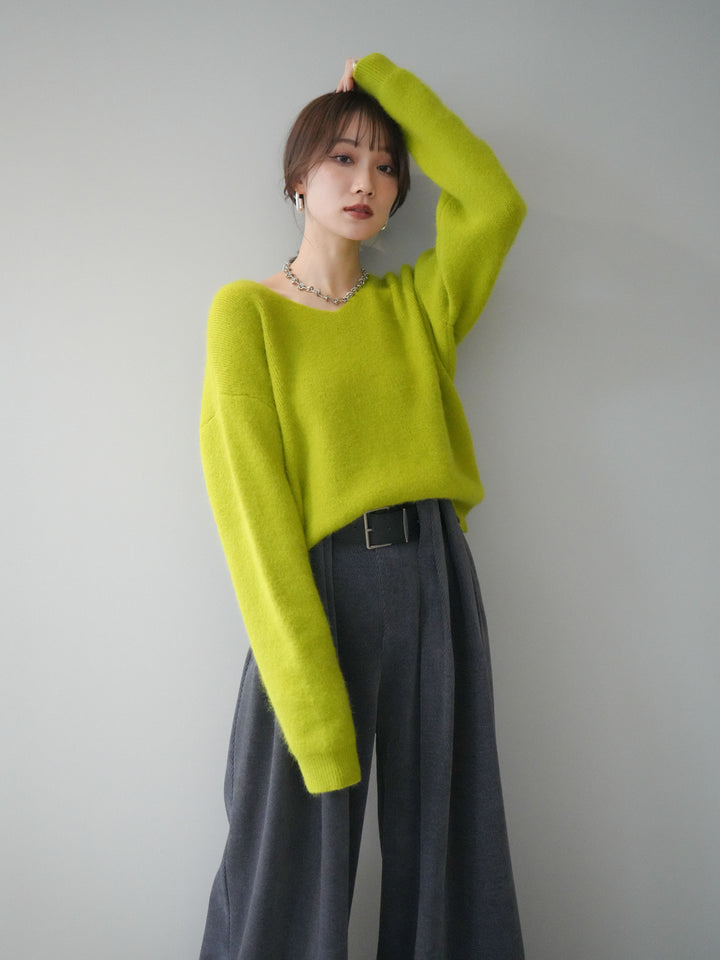 [予約]シュシュ付きアンゴラタッチVネックニットプルオーバー/green