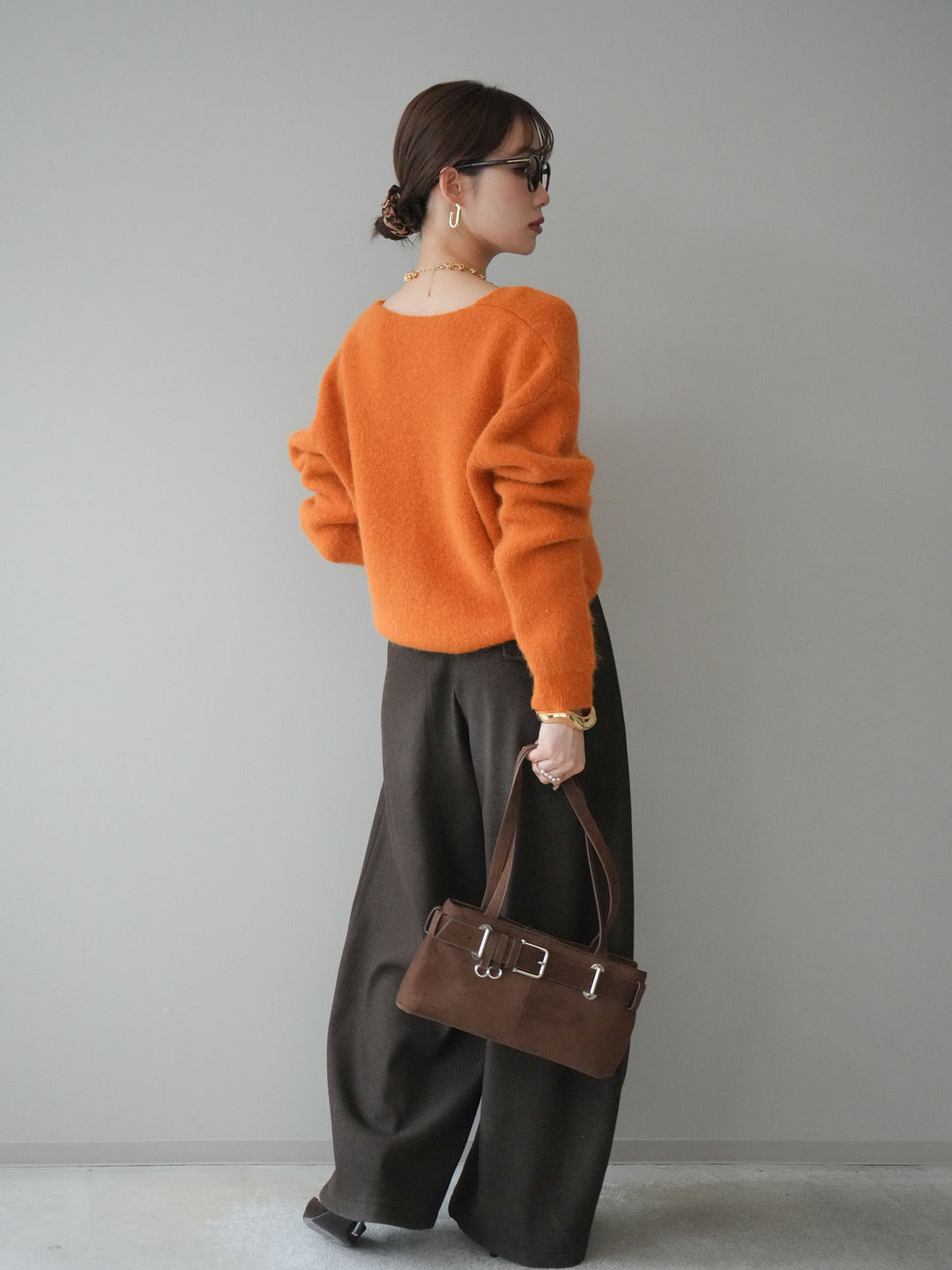 [予約]アニマル柄ベルト付きウールタッチワイドパンツ/brown