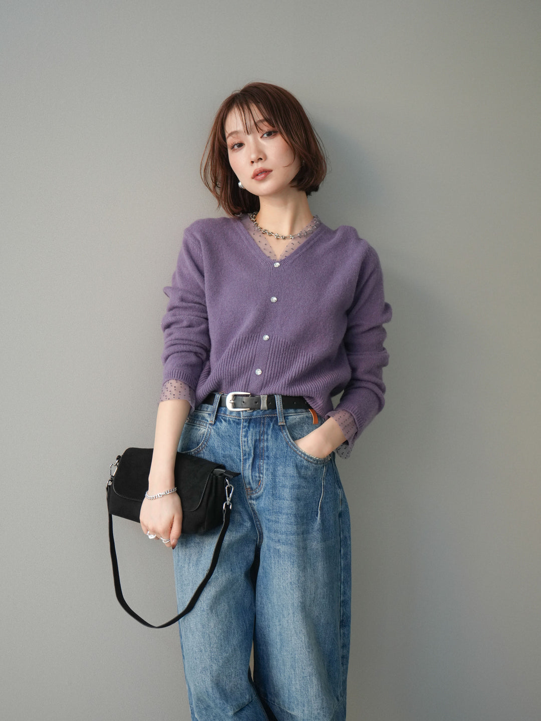 [予約]ドットチュールレイヤードボタンニットトップス/purple