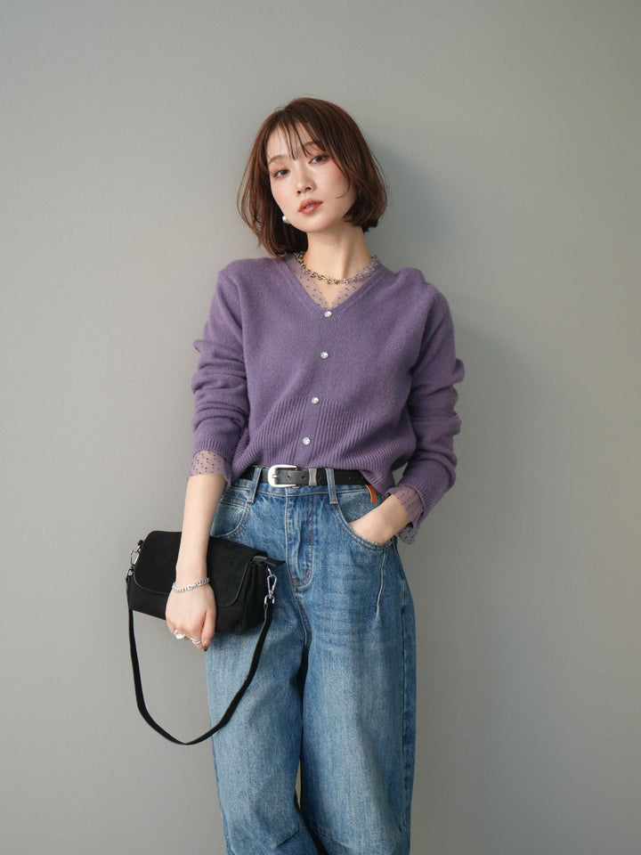 [予約]ドットチュールレイヤードボタンニットトップス/purple