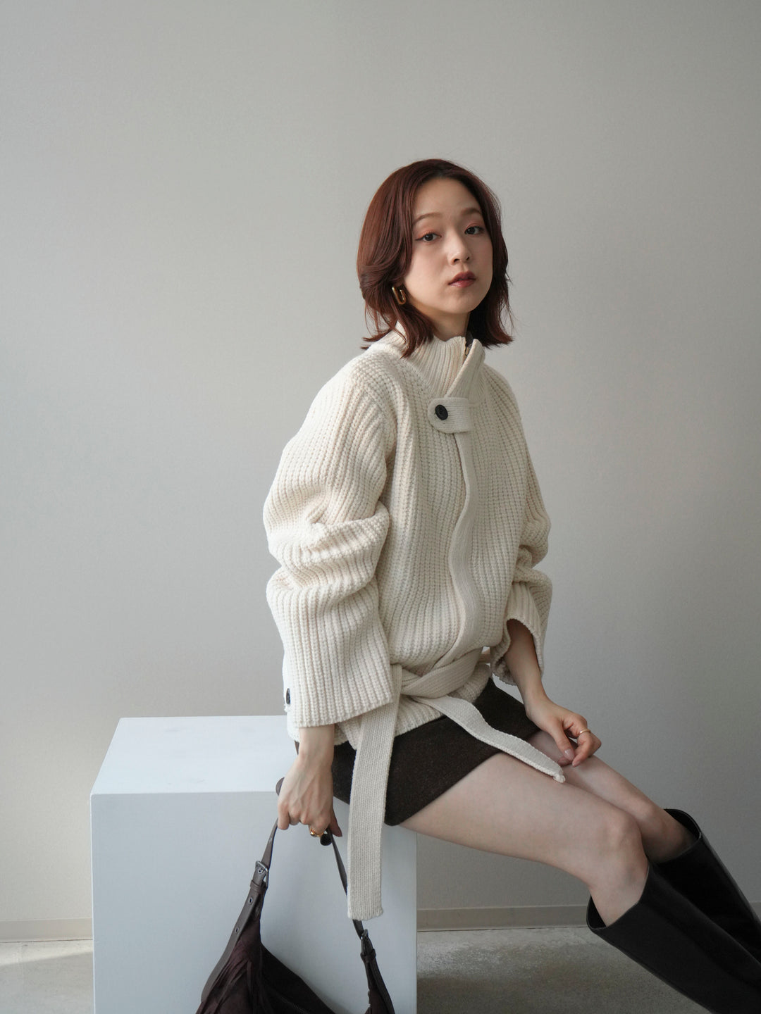 [予約]畦編みボトルネックZIPニットカーディガン/white