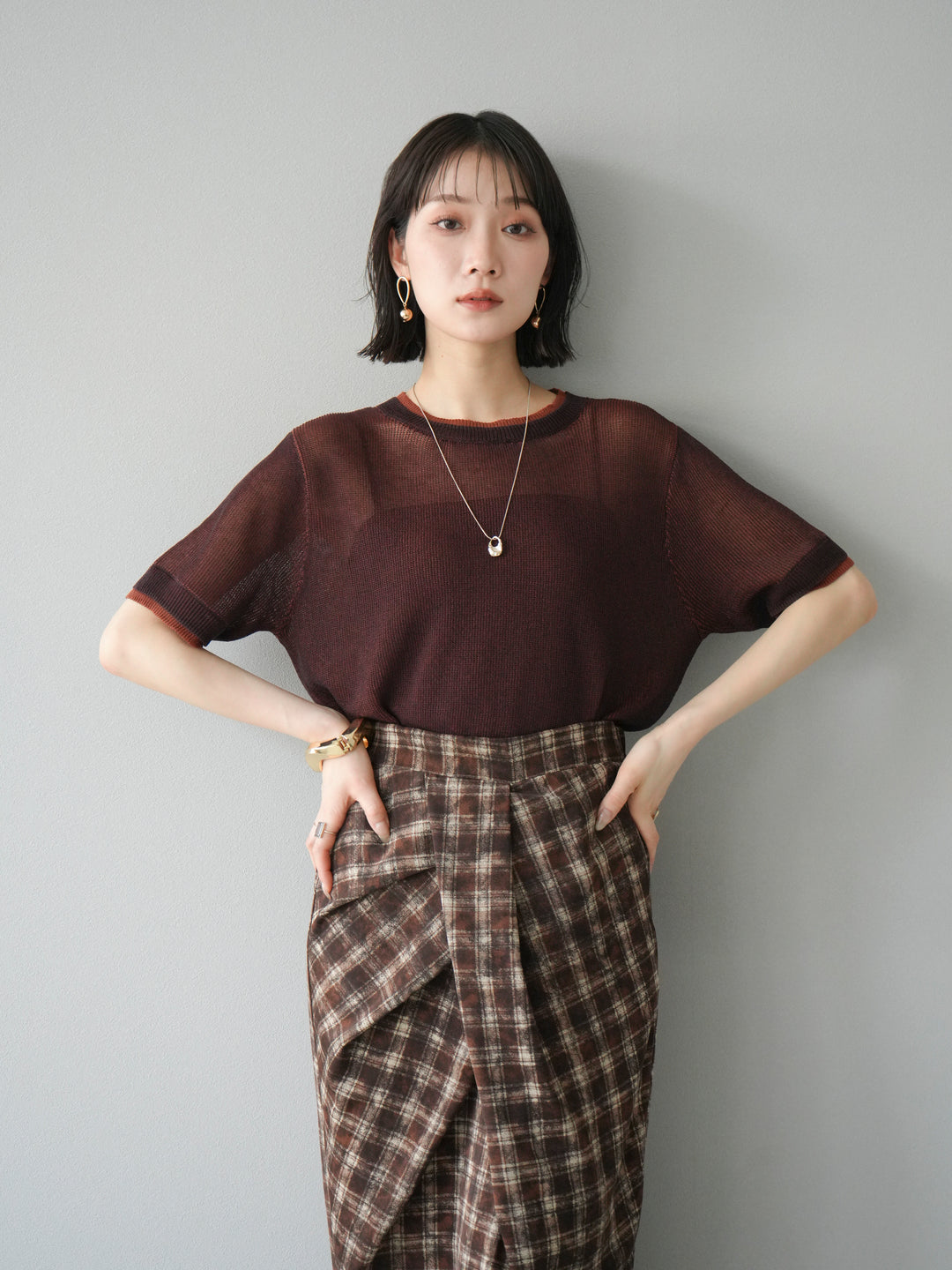 [SET]リネンタッチ配色二重臼ハーフニットトップス+選べるアソート柄スカートセット(2set)