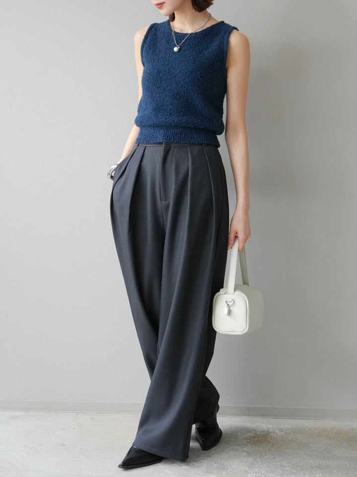 [予約]レザーパイピングタックワイドパンツ/グレー