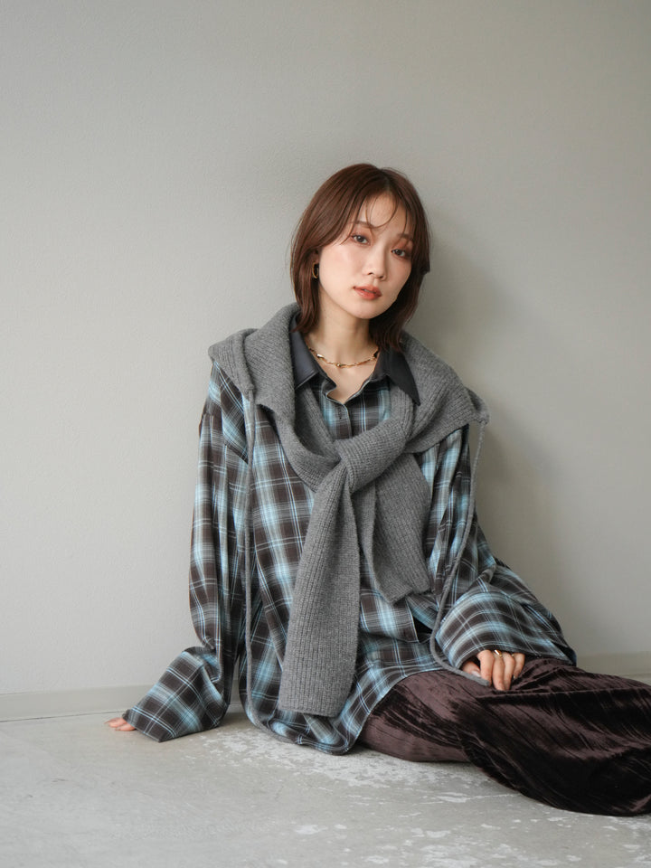 [SET]レザー襟オンブレチェックオーバーシャツ +クラッシュベロアナロースカート(2set)