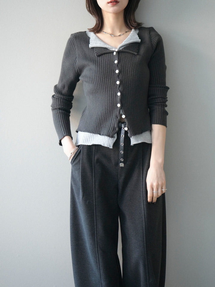 [予約]配色レイヤードリブニットカーディガン/charcoal