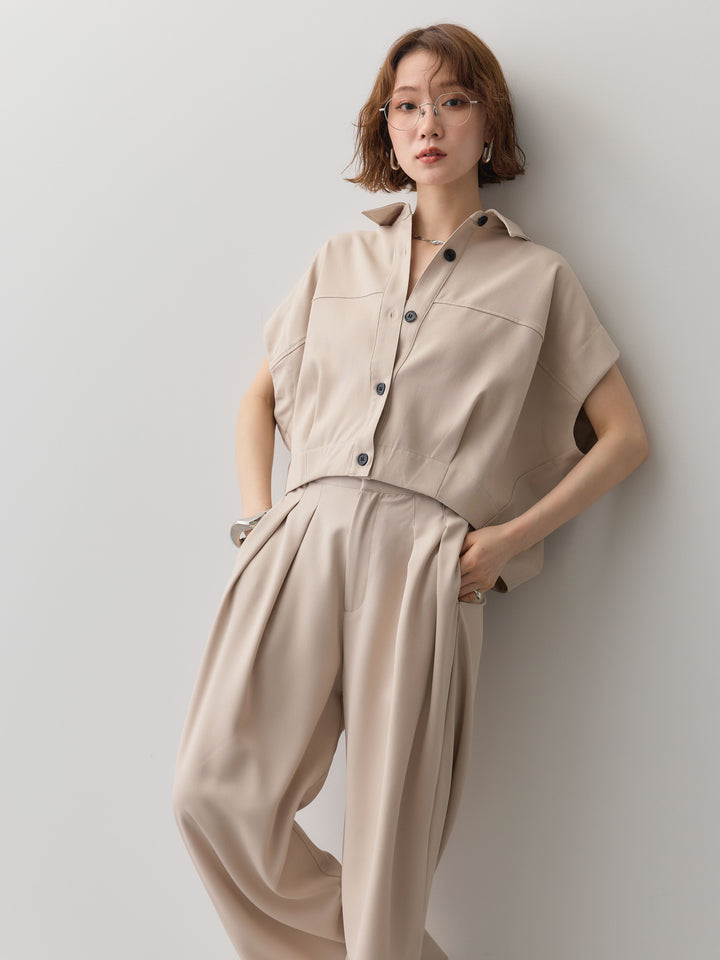 【套裝】縐綢燈籠無袖襯衫 + 縐綢闊腿褲（兩件套）