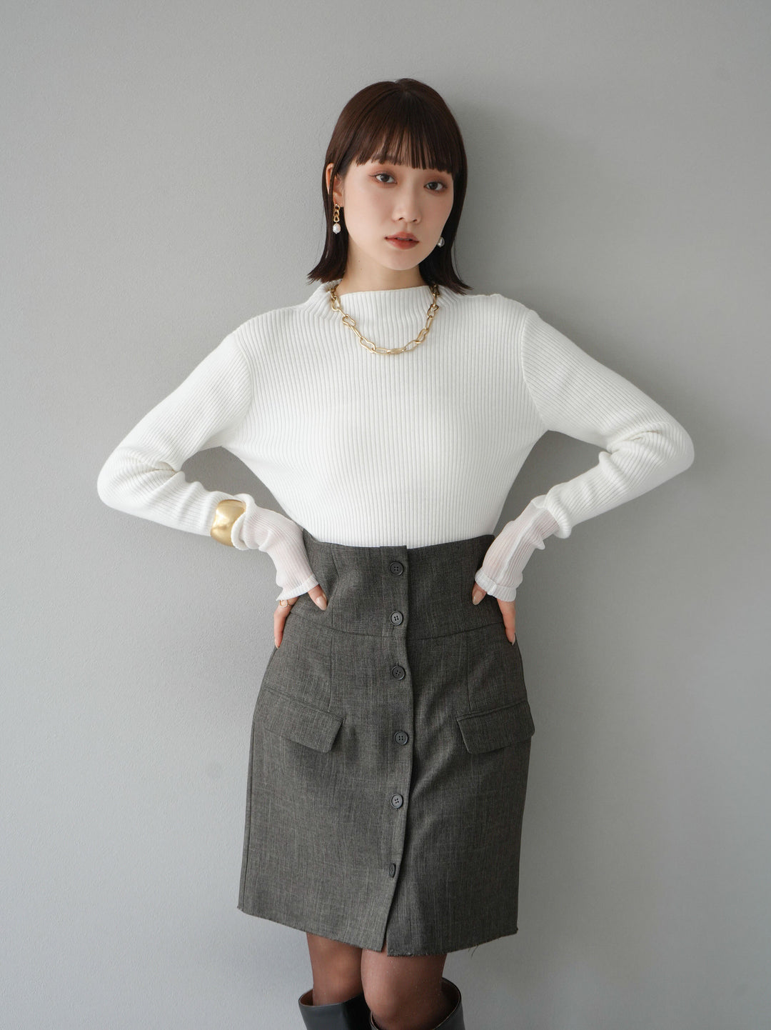 [予約]袖ラメシアー切替リブニットトップス/オフ