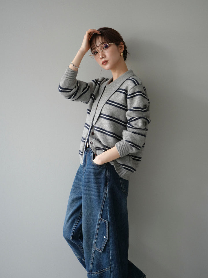 [予約]ボウタイボーダーニットカーディガン/gray