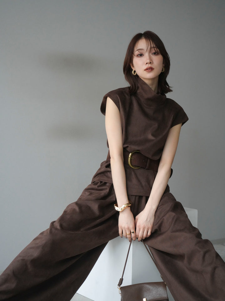 [SET]ベルト付スエードハイネックプルオーバー＆ワイドパンツSET UP