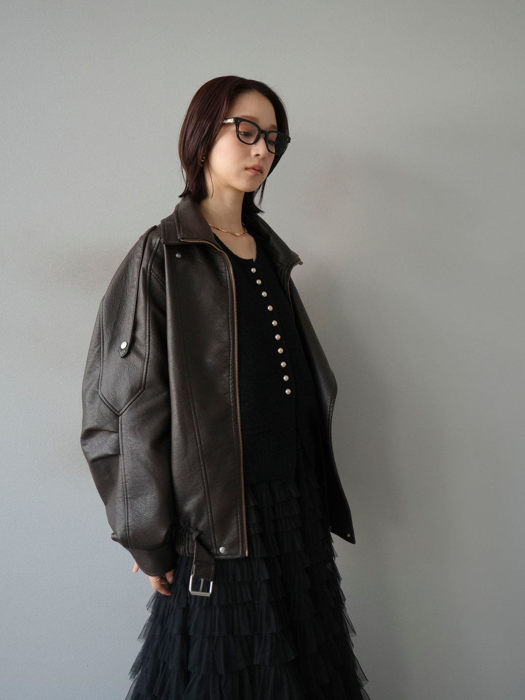 [予約]スタンドカラーフェイクレザーブルゾン/ブラウン