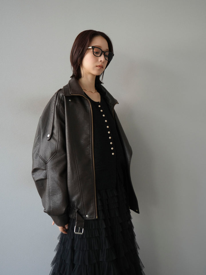 [予約]スタンドカラーフェイクレザーブルゾン/ブラウン