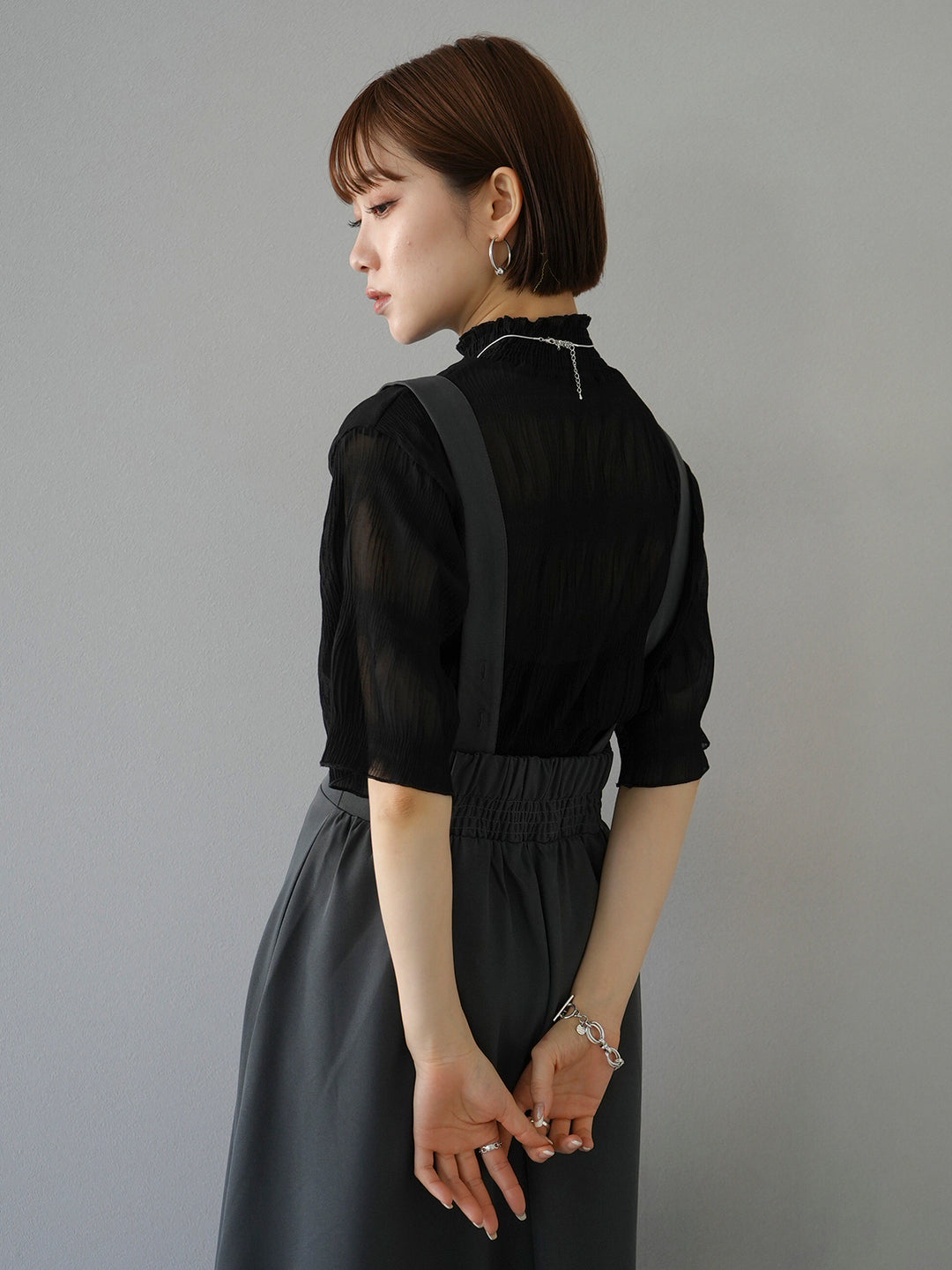 [SET] Shirring chiffon half sleeve blouse + 2WAY flare jumper skirt (2set)