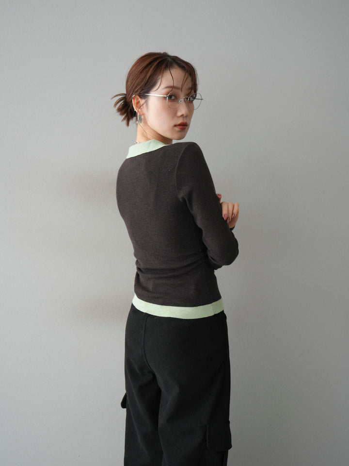 [予約]レイヤード配色ポロニットトップス/darkbrown