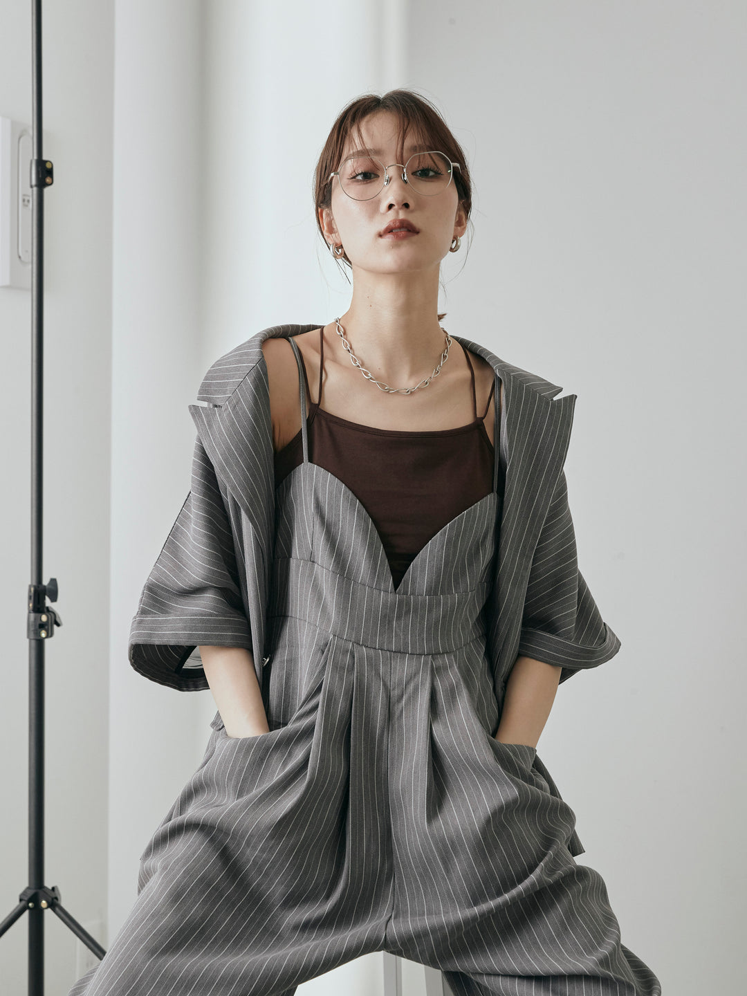 [予約]ヘリンボーンストライプサロペット/チャコール