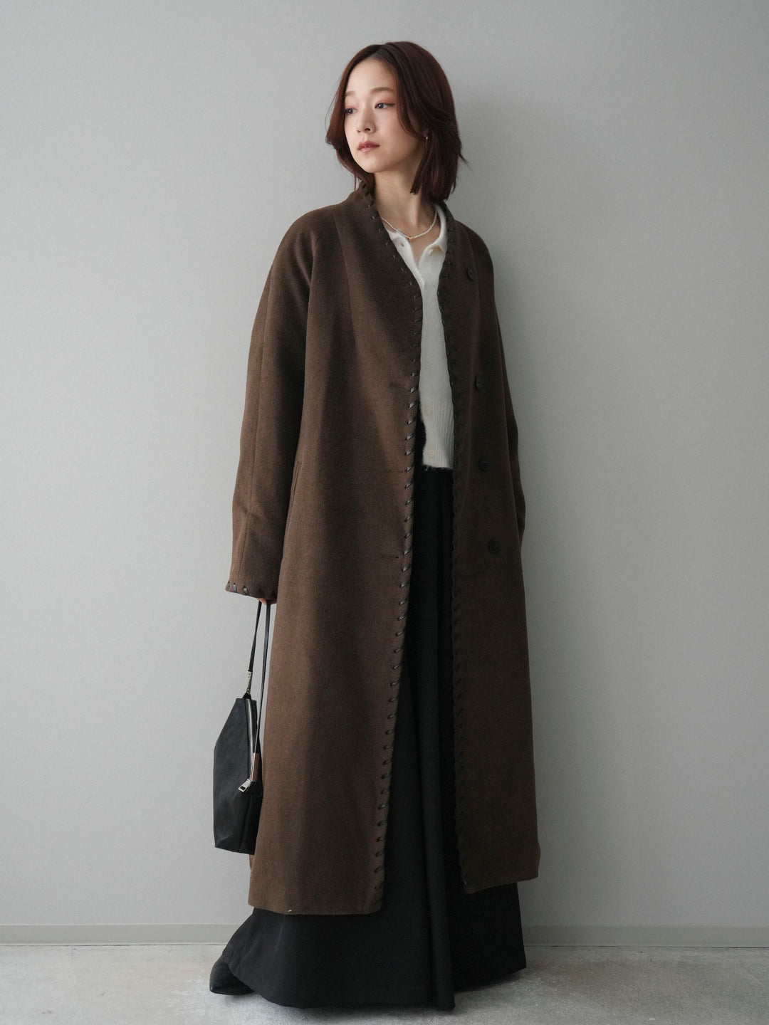 [SET]ハンドステッチ裏中綿ロングコート+テープベルトタックバギーパンツ(2set)