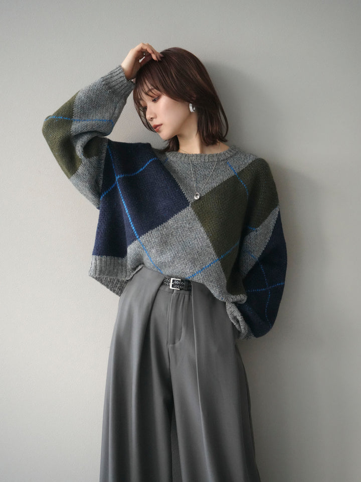 [予約]配色ステッチアーガイル柄ニットプルオーバー/gray