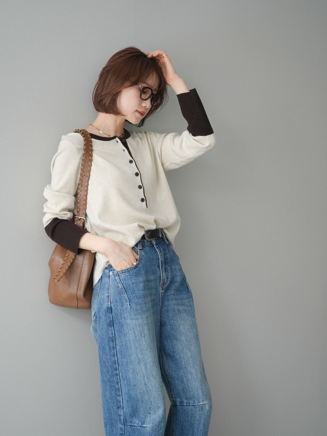 [SET]ヘンリーネック配色ニットソー+ヘンリーネック配色ニットソー(2set)