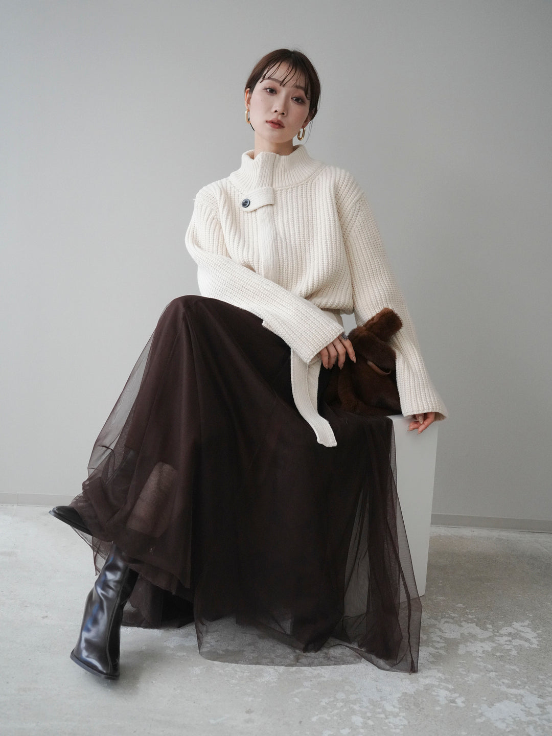 [予約]畦編みボトルネックZIPニットカーディガン/white