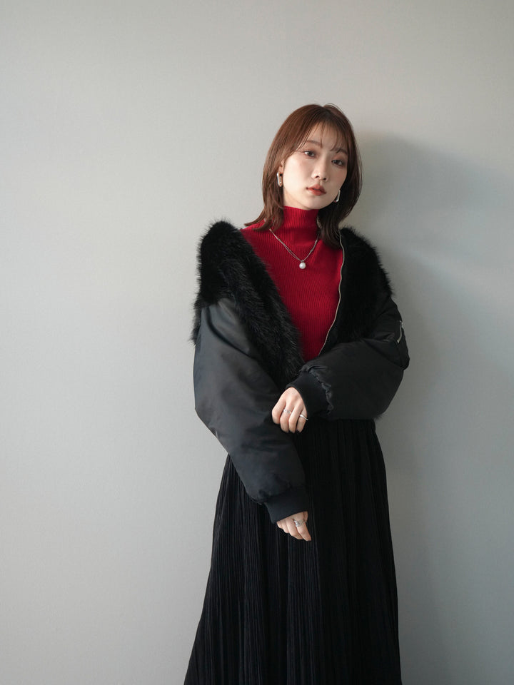 [SET]ファードッキングMA-1+袖ボタンボトルネックリブニットトップス+裾レーススウェードプリーツマキシスカート(3set)