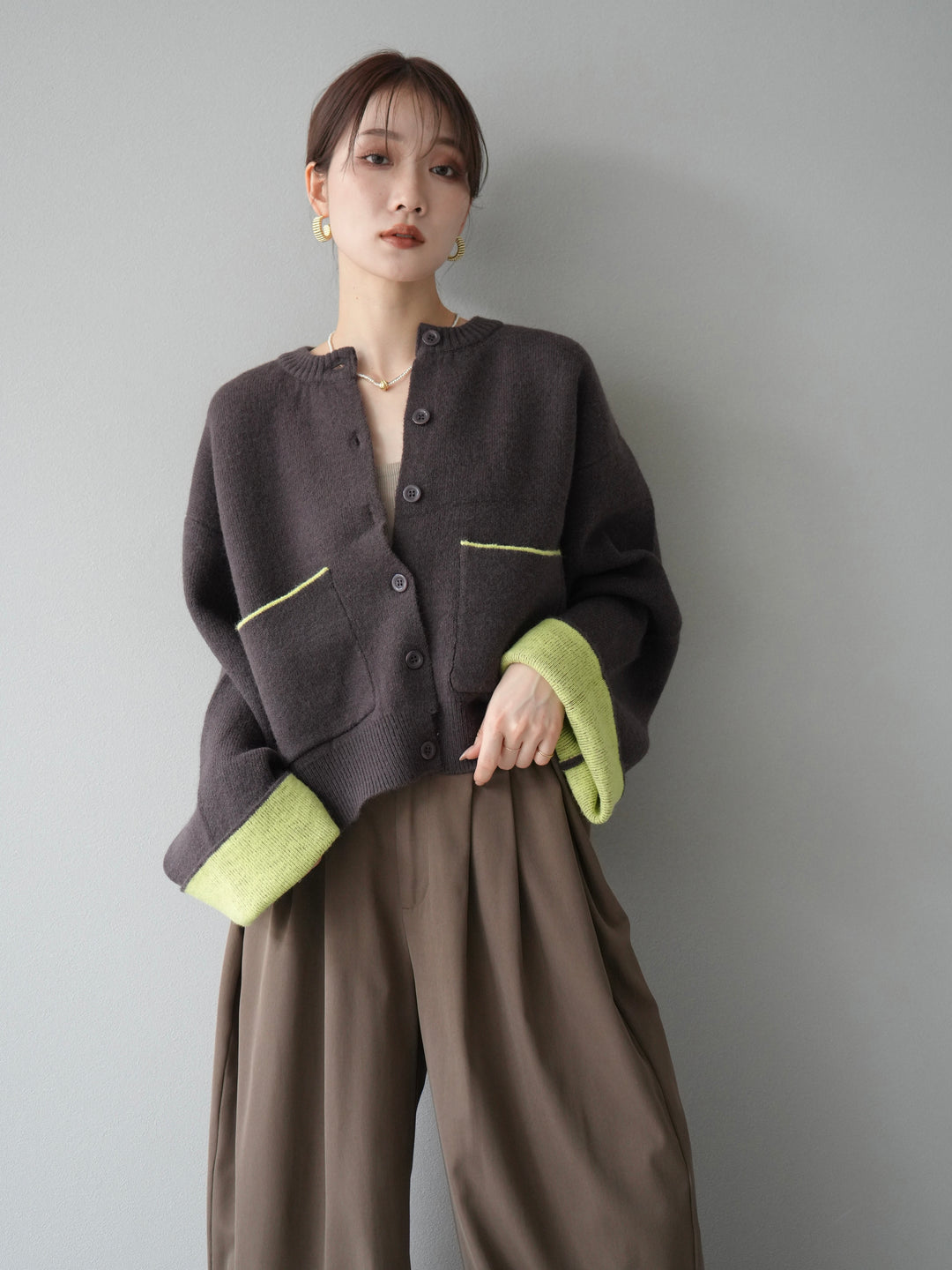 [予約]バイカラーオーバーニットカーディガン/ブラウン