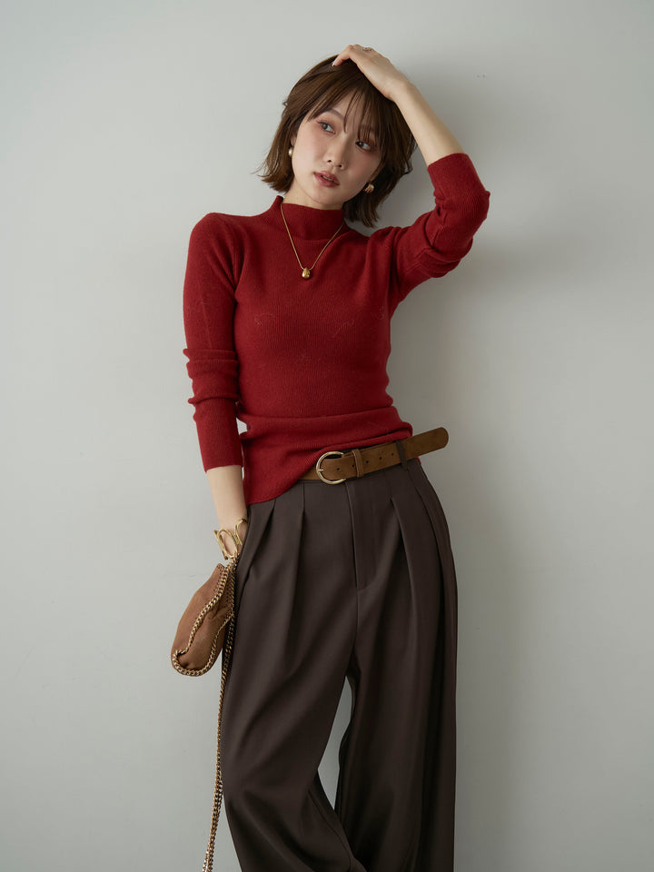 [SET]リブモックネックニットトップス+ツイルタックワイドパンツ(2set)