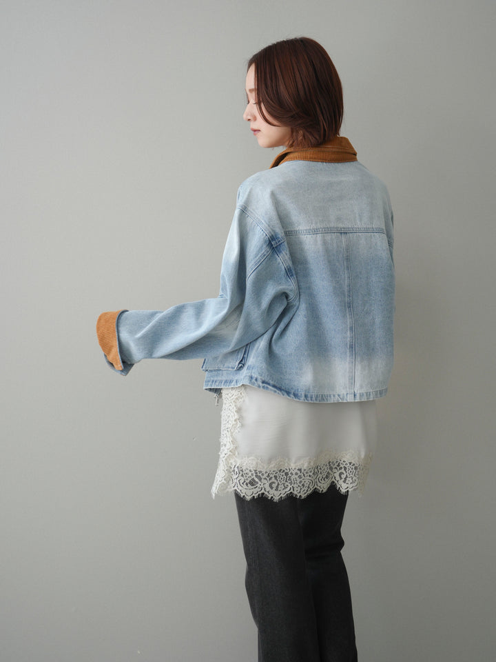 [予約]コーデュロイ×デニムショートカバーオール/bleach