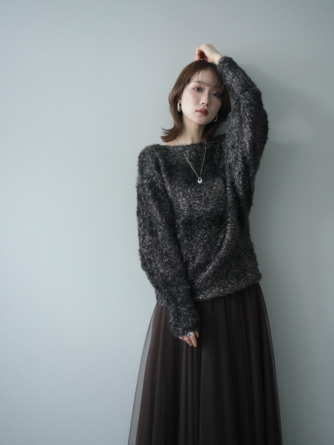 [予約]ラメシャギードルマンニットプルオーバー/brown