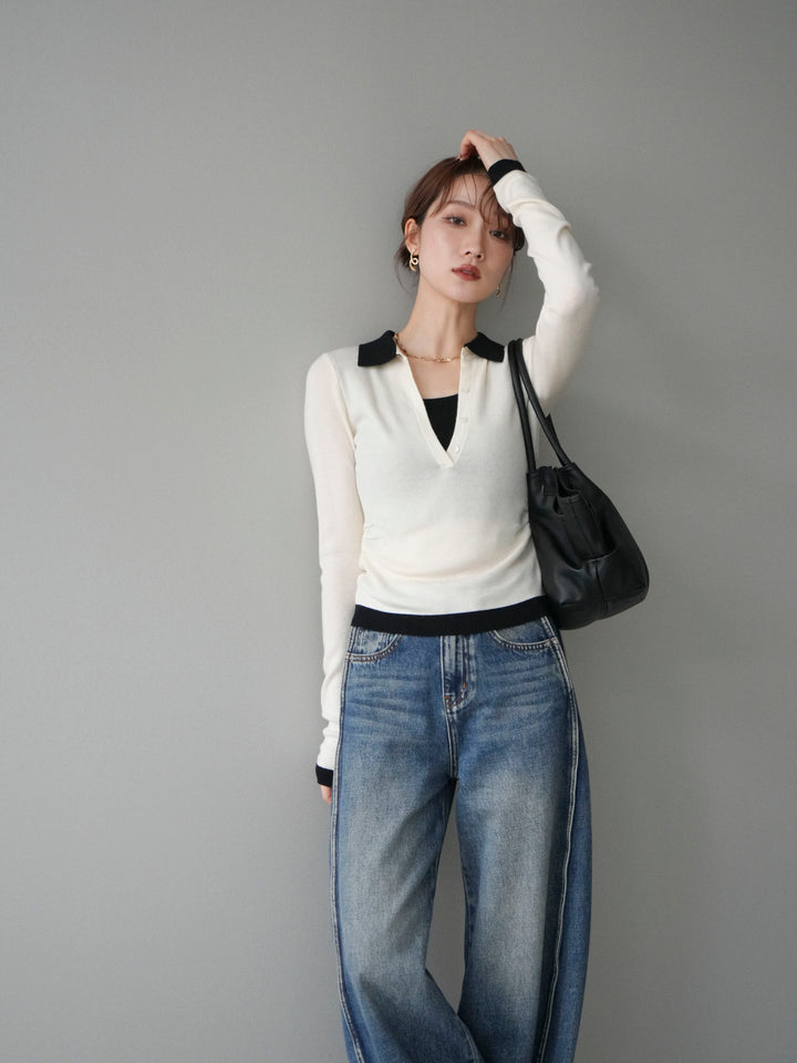 [予約]レイヤード配色ポロニットトップス/beige