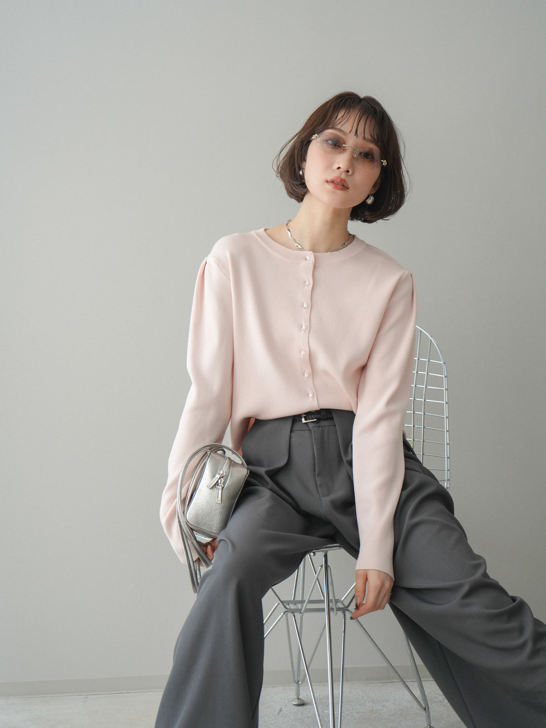 [予約]クリアボタンタックニットカーディガン/pink