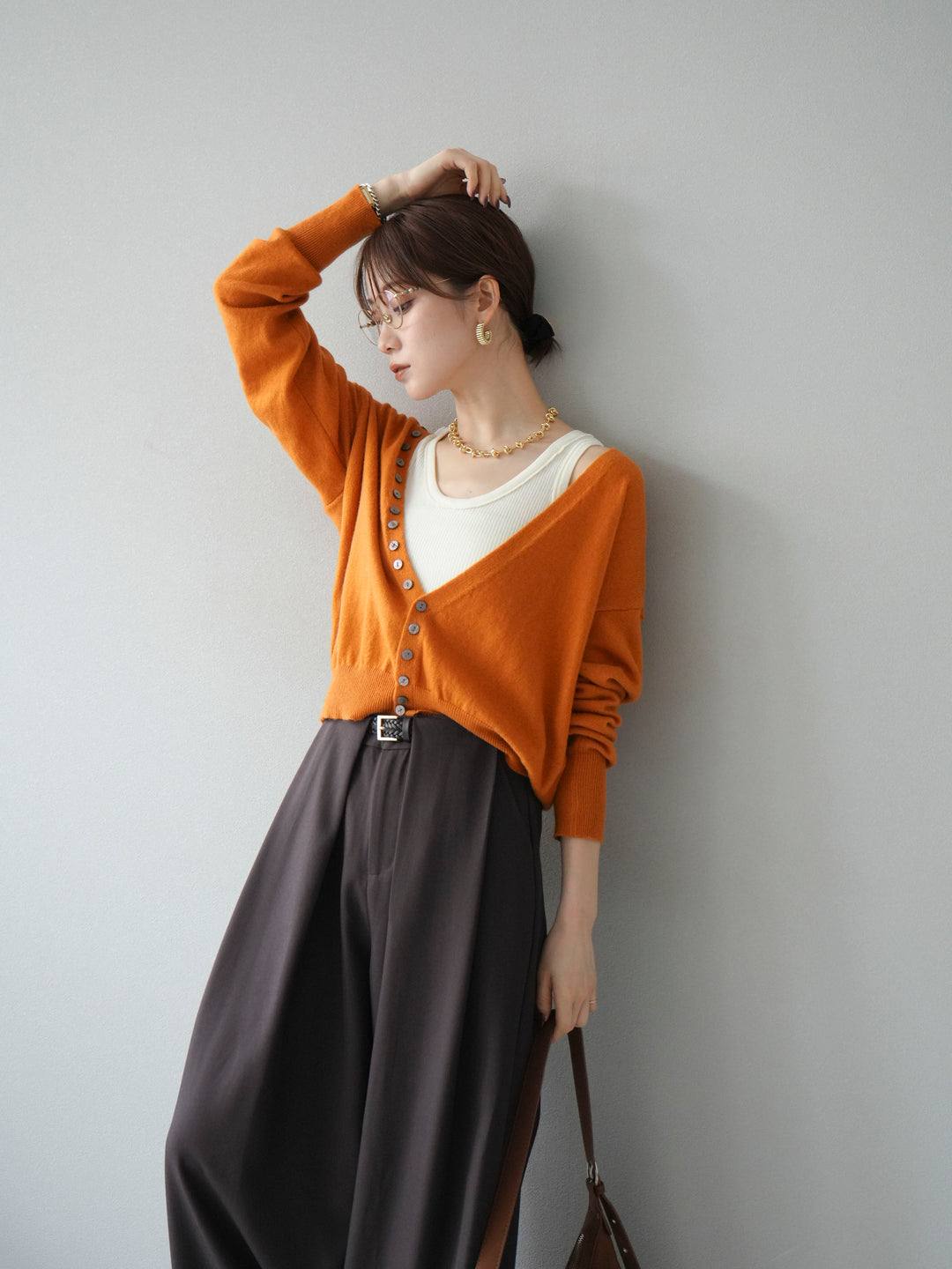[予約]デザインボタンニットカーディガン＆タンクトップSET/オレンジ