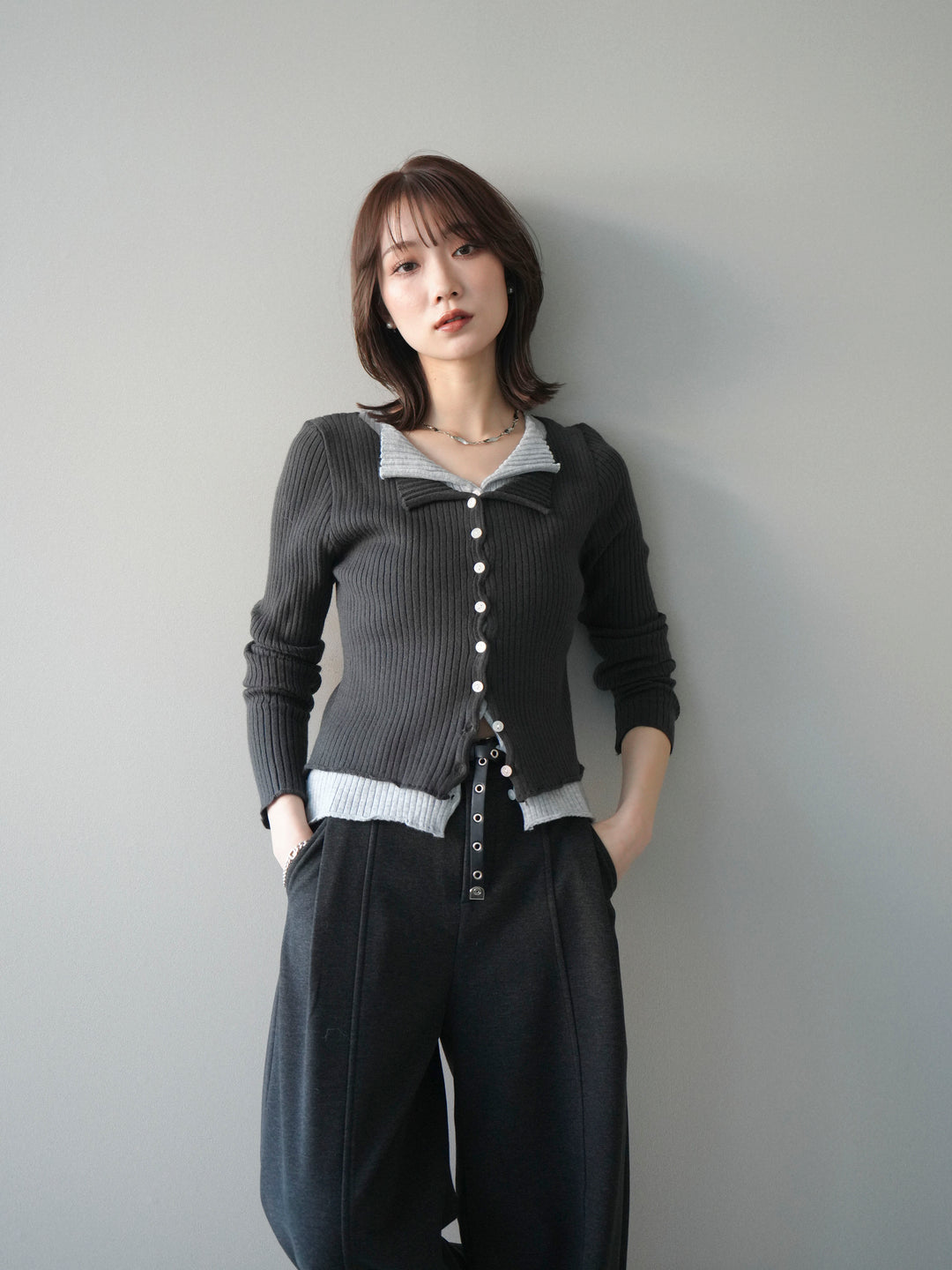 [予約]配色レイヤードリブニットカーディガン/charcoal