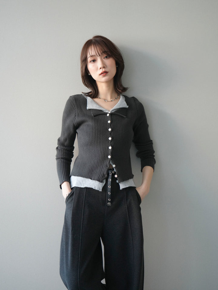 [予約]配色レイヤードリブニットカーディガン/charcoal