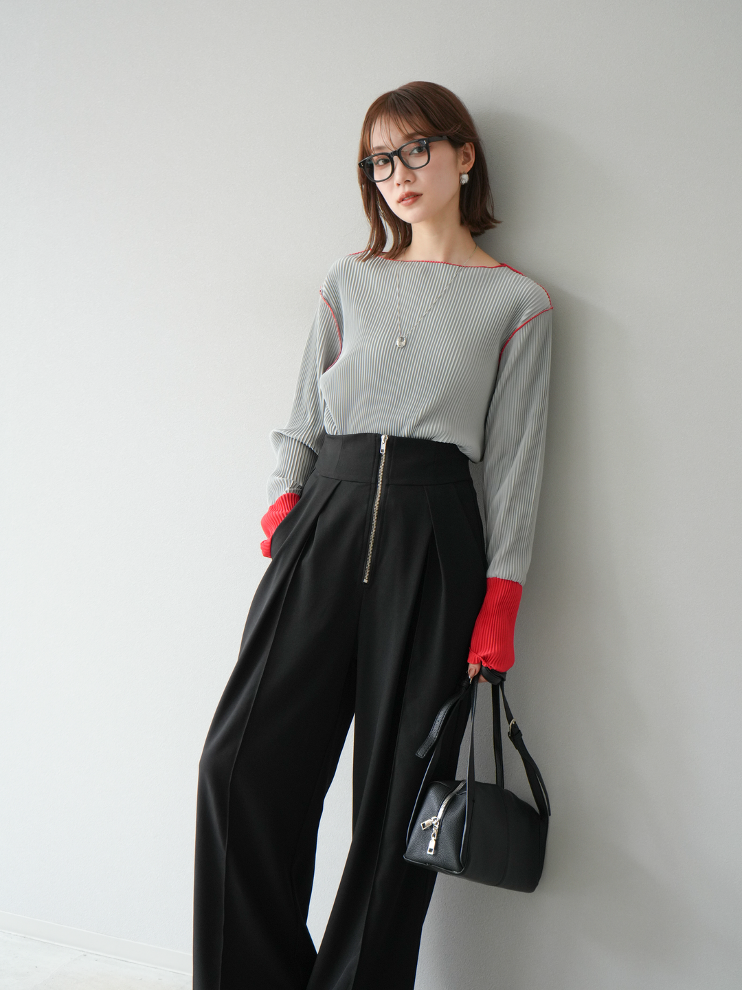 [予約]バイカラープリーツトップス/グレー