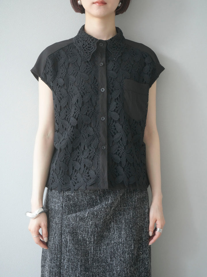 【預購】蕾絲分層抽繩襯衫/黑色